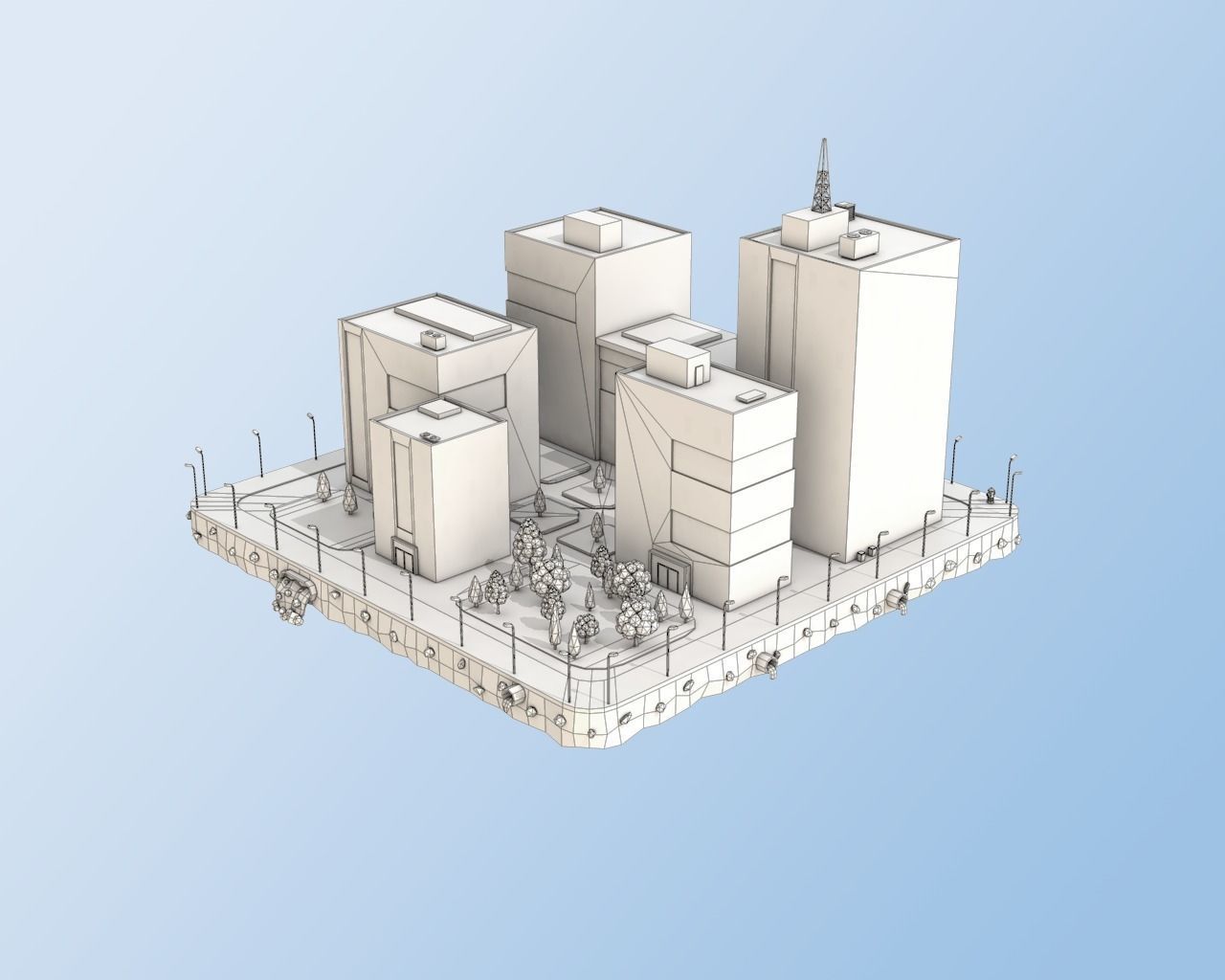 Low Poly City Block Office Buildings Low-poly 3D model_4