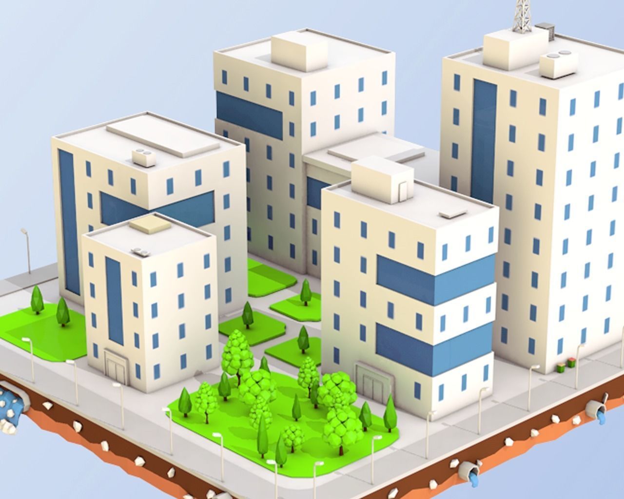 Low Poly City Block Office Buildings Low-poly 3D model_1