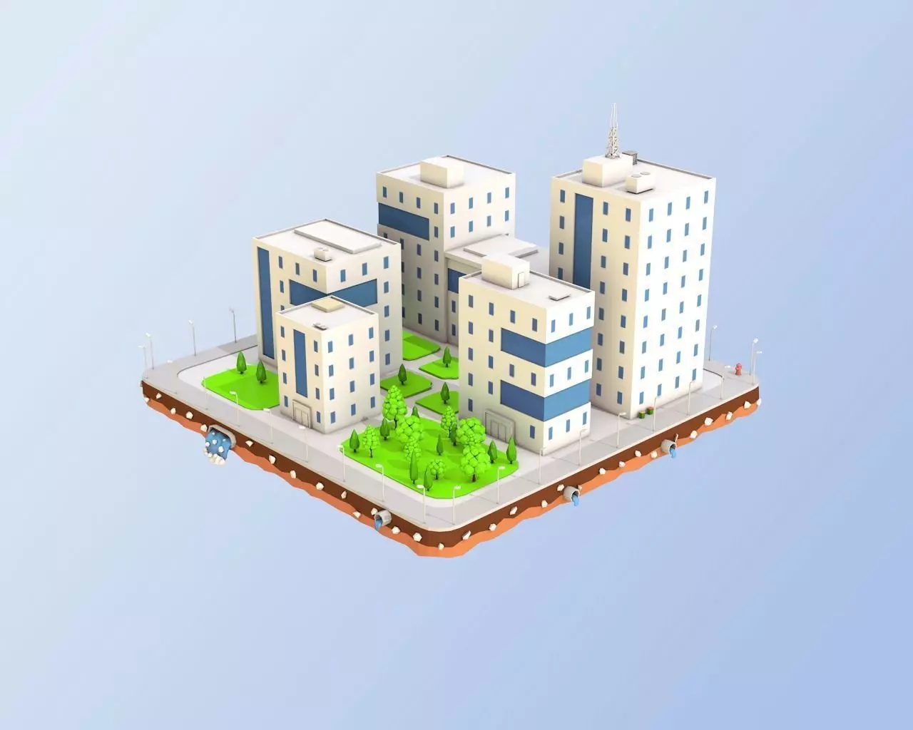 Low Poly City Block Office Buildings Low-poly 3D model_0