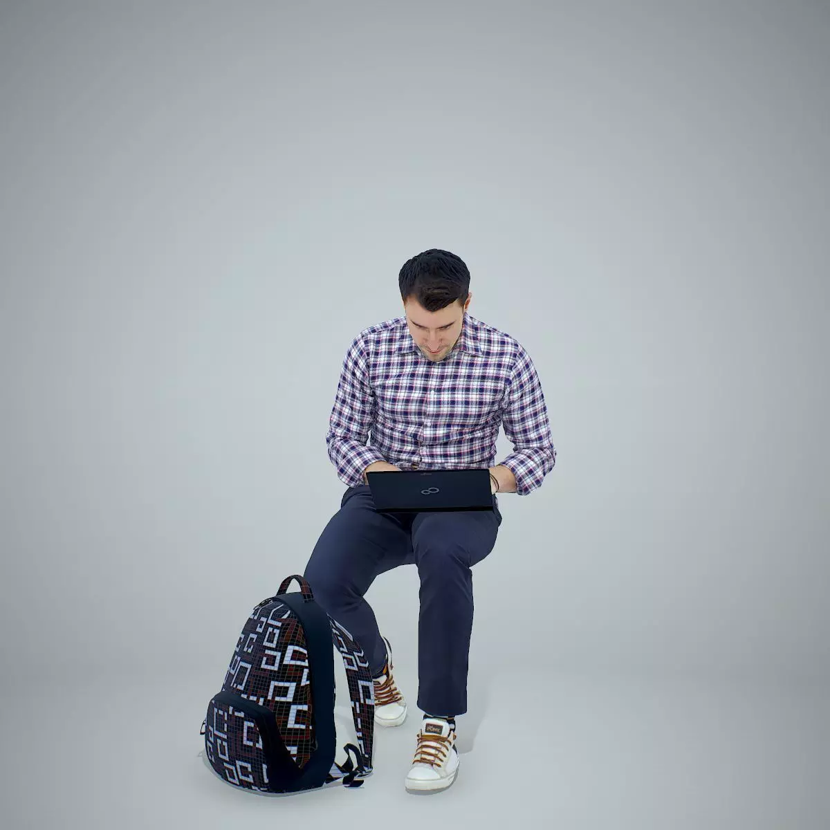 Casual Sitting Man Typing into Laptop CMan0308-HD2-O01P01-S 3D model