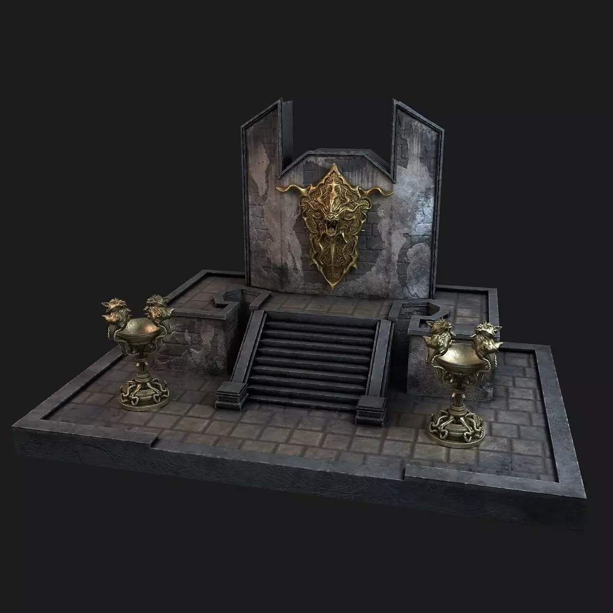 Ancient wall with lampadas and shield 3D model