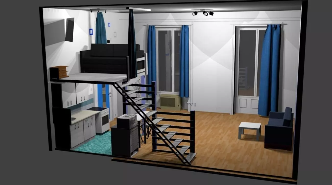 Gallery apartment with stairs Low-poly 3D model_0