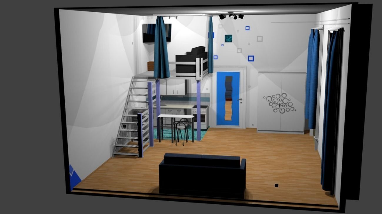 Gallery apartment with stairs Low-poly 3D model_1