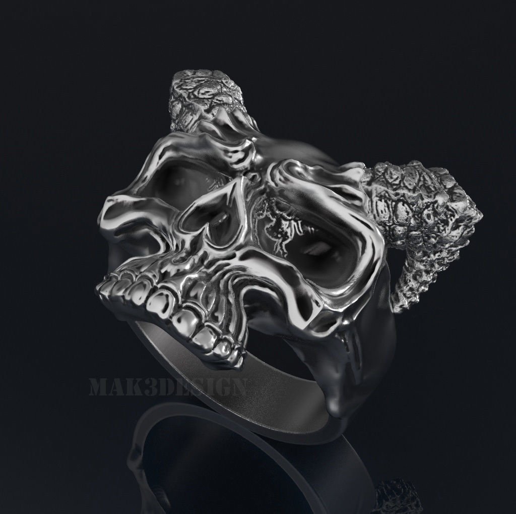 Mens Skull Ring with Horns Silver Skull rings  Size - 20mm 3D print model_2