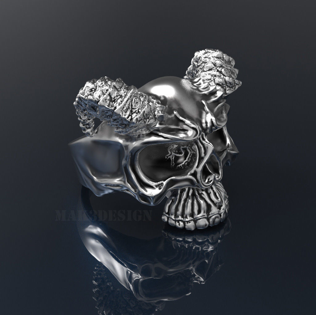 Mens Skull Ring with Horns Silver Skull rings  Size - 20mm 3D print model_0