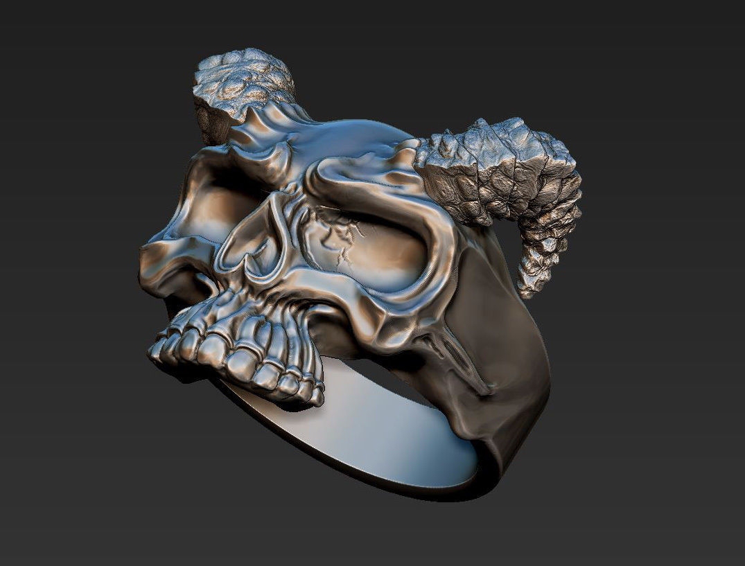 Mens Skull Ring with Horns Silver Skull rings  Size - 20mm 3D print model_4