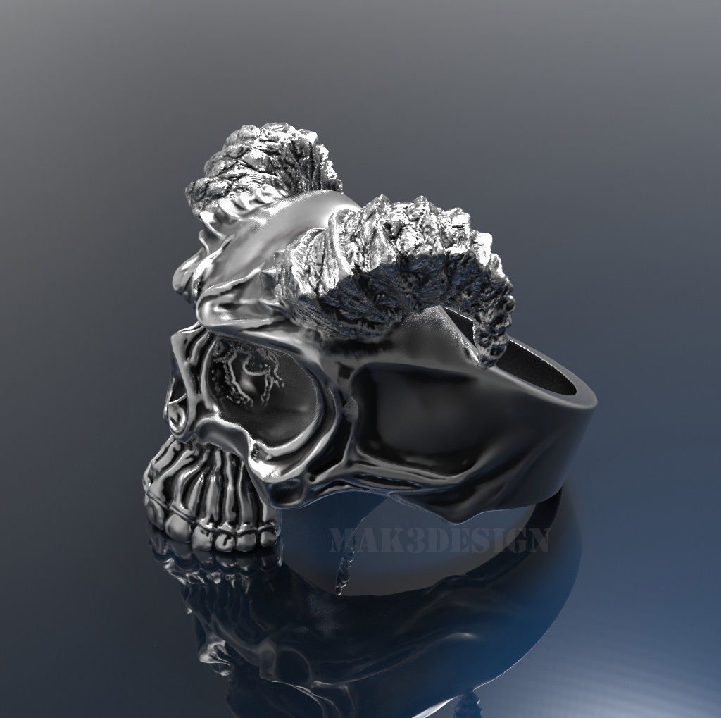 Mens Skull Ring with Horns Silver Skull rings  Size - 20mm 3D print model_1