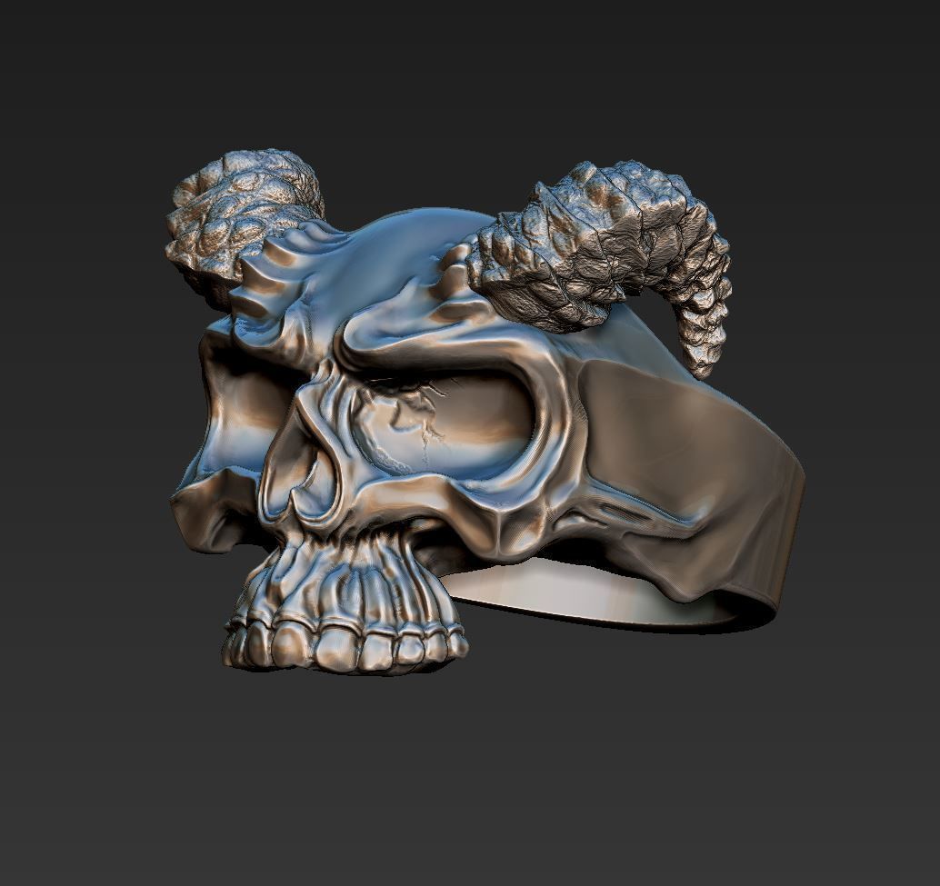 Mens Skull Ring with Horns Silver Skull rings  Size - 20mm 3D print model_7