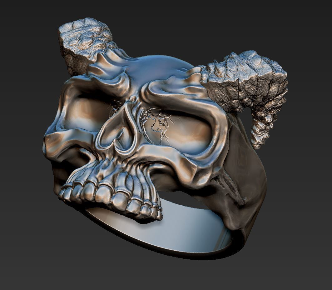 Mens Skull Ring with Horns Silver Skull rings  Size - 20mm 3D print model_5