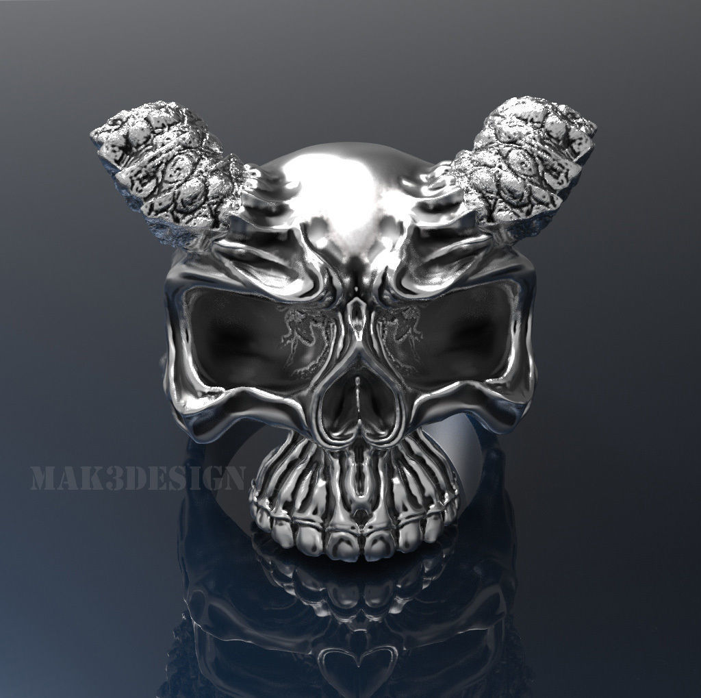 Mens Skull Ring with Horns Silver Skull rings  Size - 20mm 3D print model_3