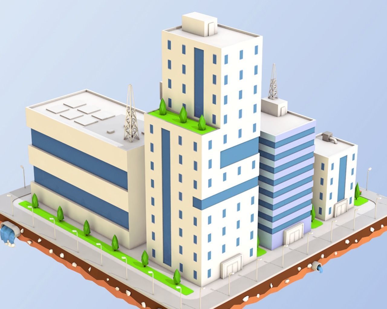 Low Poly City Block Factory Buildings  Low-poly 3D model_3