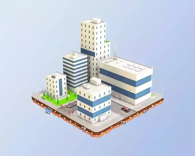 Low Poly City Block Factory Buildings  Low-poly 3D model
