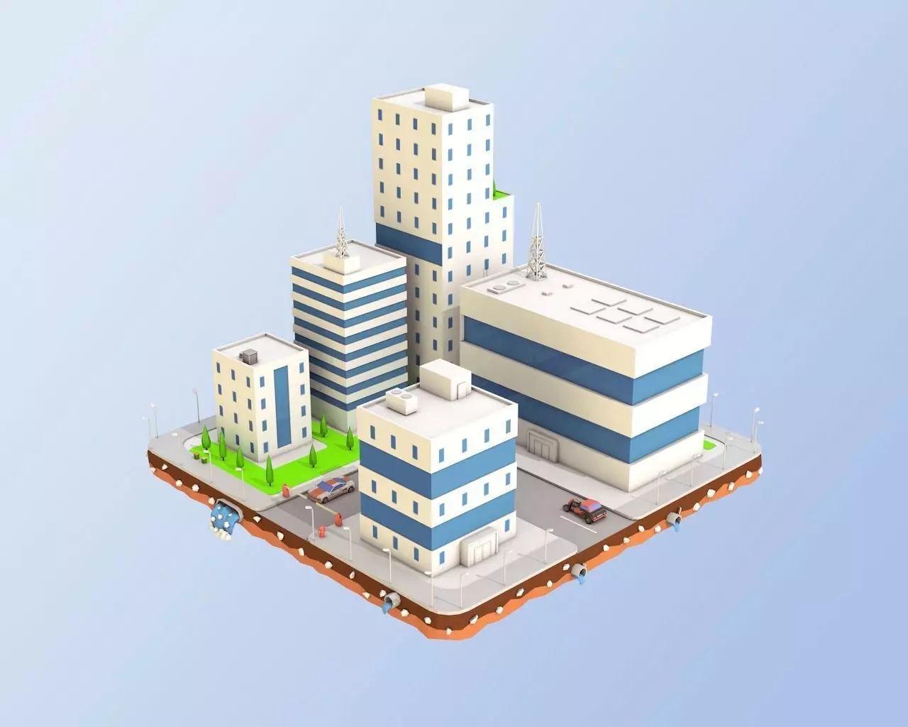Low Poly City Block Factory Buildings  Low-poly 3D model_0