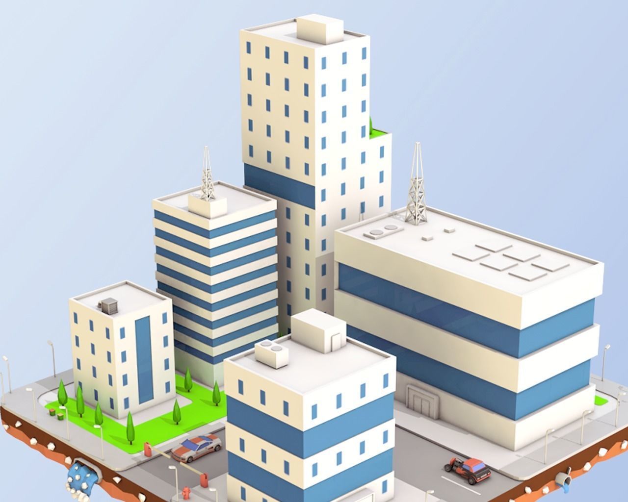 Low Poly City Block Factory Buildings  Low-poly 3D model_1