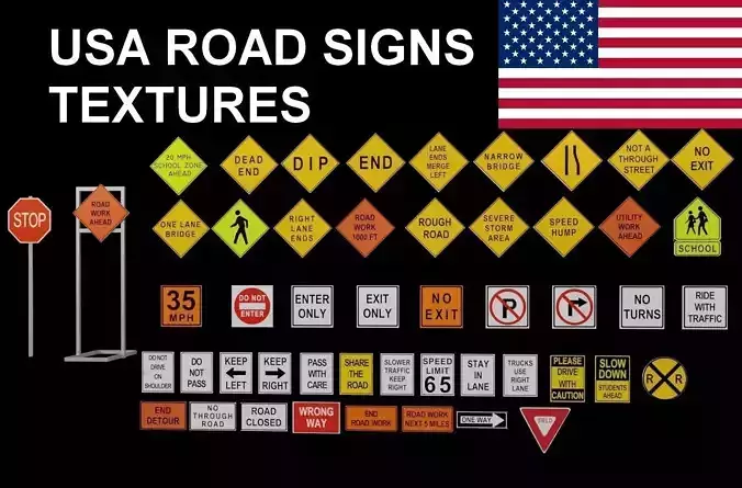 Road Signs Collection with Textures - US Signs Set - 50 Items Low-poly 3D model