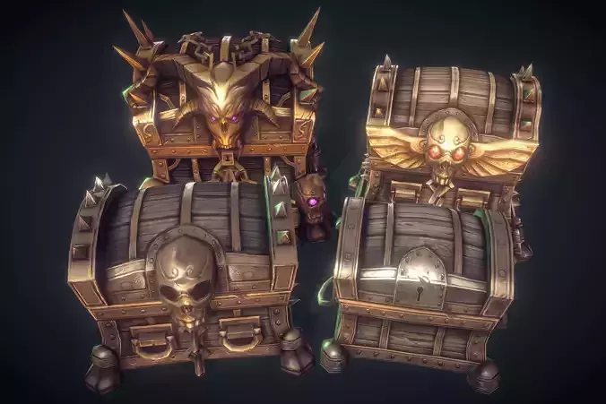 Treasure Chest Set - Low Poly Hand Painted Low-poly 3D model
