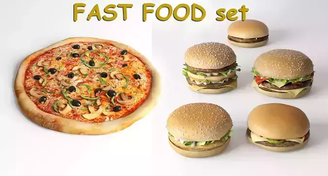  Burgers collection and pizza - FAST FOOD set 1 3D model