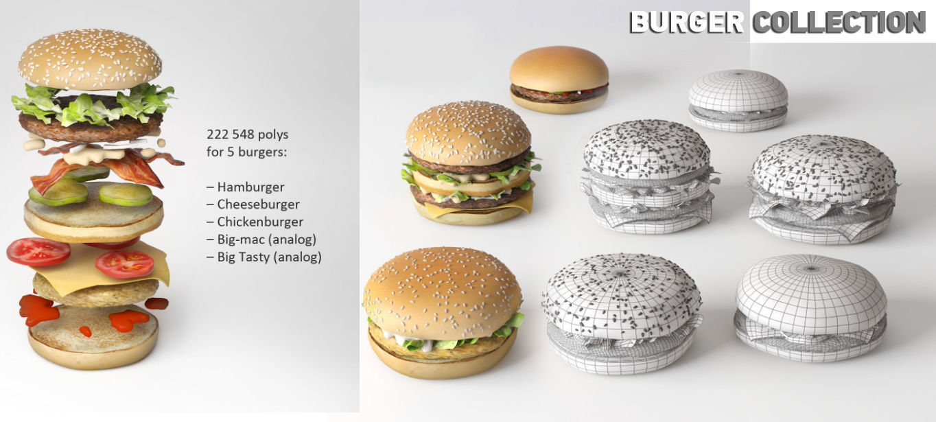 Burgers collection and pizza - FAST FOOD set 1 3D model_3