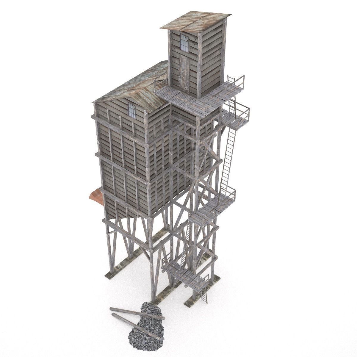 Old coal wooden tipple 3D model_2