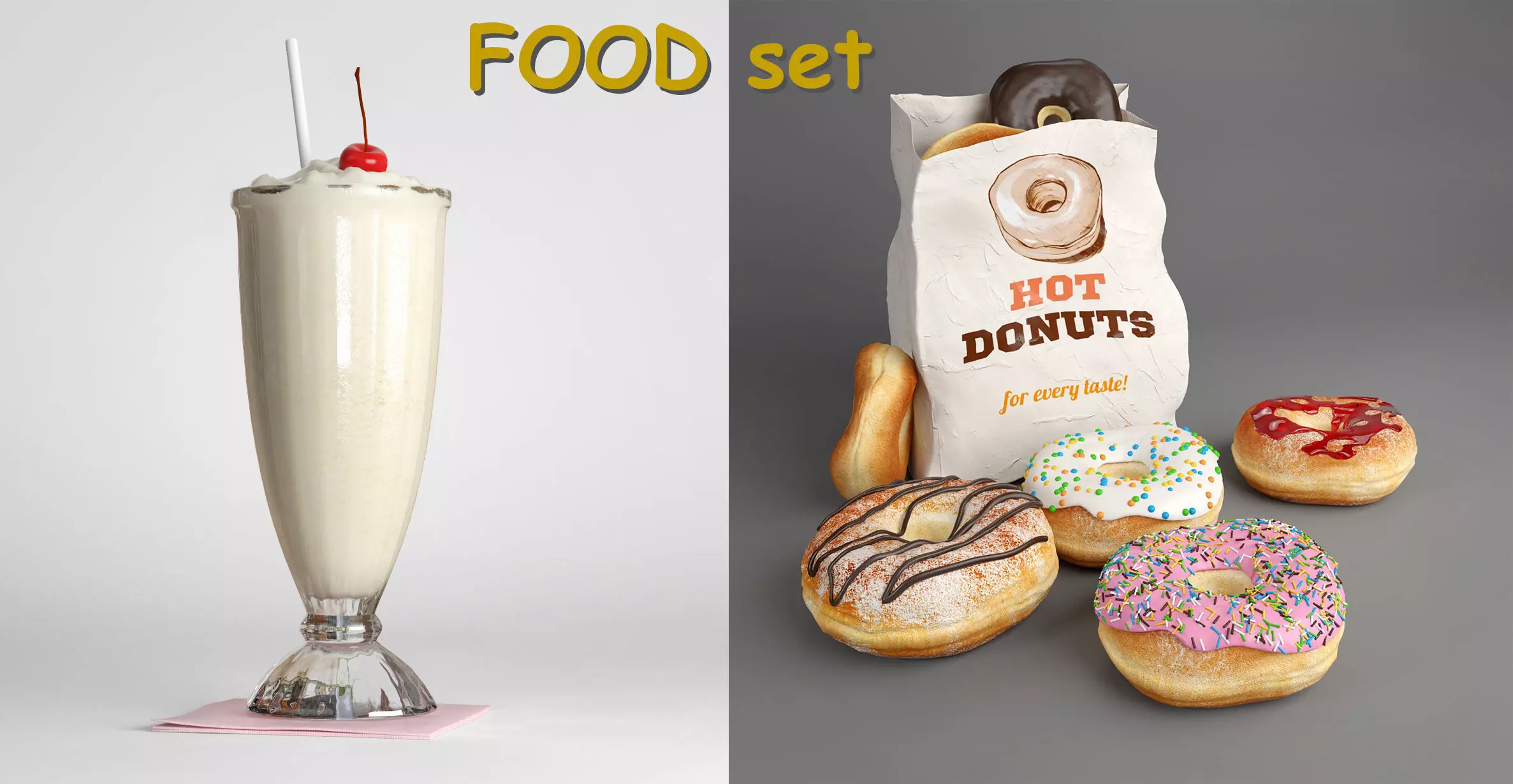 Donuts collections and Milkshake - FOOD set 2  3D model_0