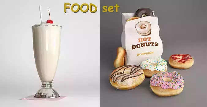  Donuts collections and Milkshake - FOOD set 2  3D model