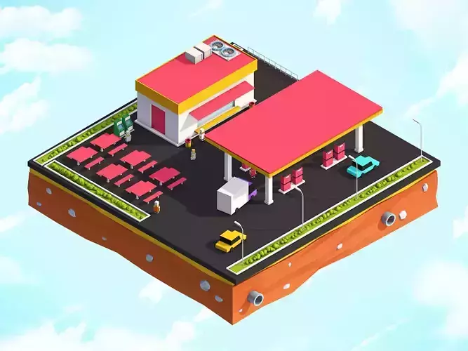Cartoon Low Poly Gas Station