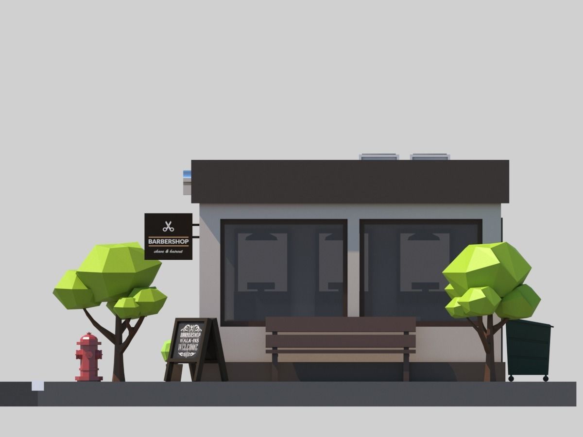 Cartoon Low Poly Building Barber Shop Low-poly 3D model_7