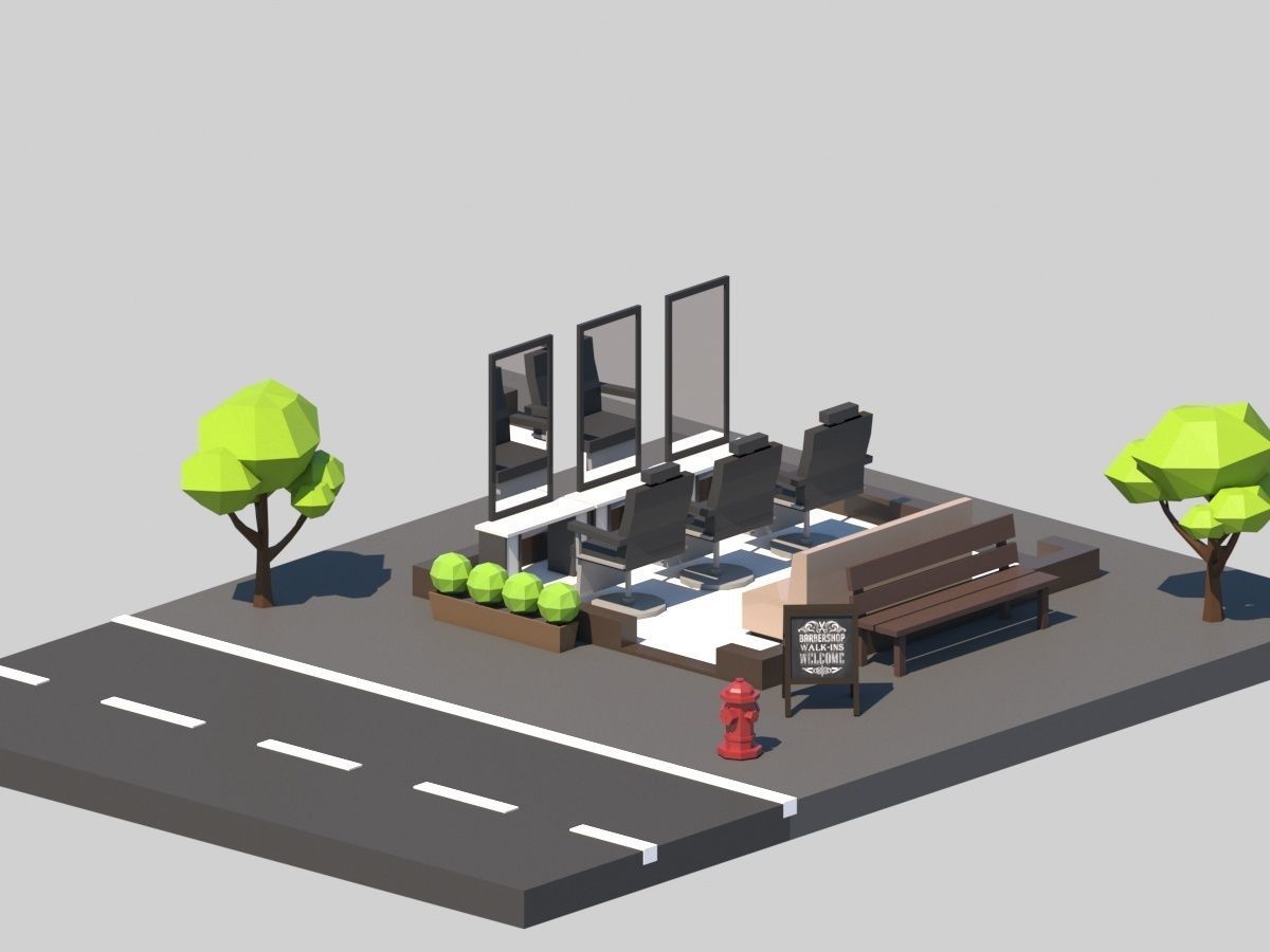 Cartoon Low Poly Building Barber Shop Low-poly 3D model_1