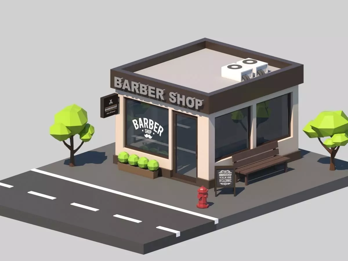 Cartoon Low Poly Building Barber Shop Low-poly 3D model_0
