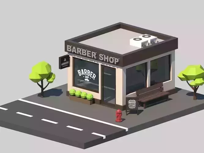 Cartoon Low Poly Building Barber Shop Low-poly 3D model