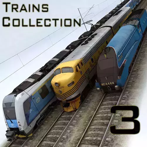 Trains Collection 3 train on tracks Low-poly 3D model