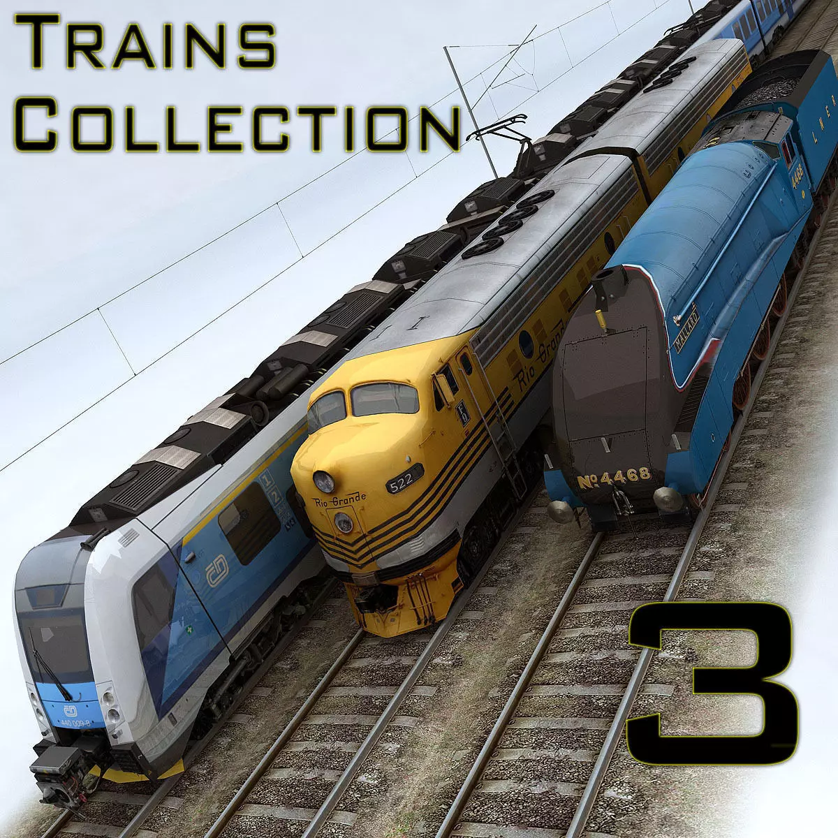 Trains Collection 3 train on tracks Low-poly 3D model_0