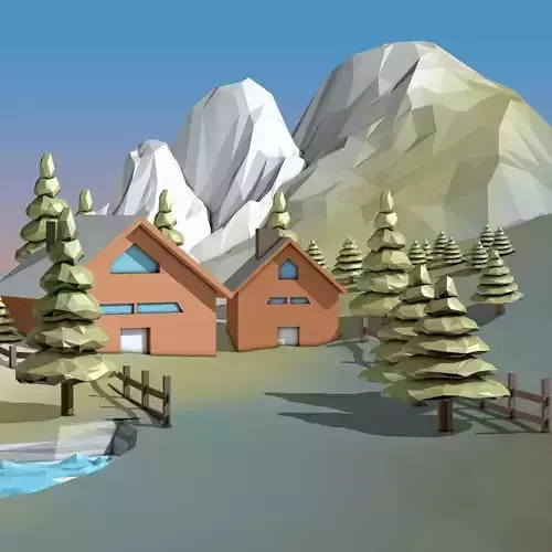 Cartoon Mountain Landscape with Houses and Forest Low-poly 3D model