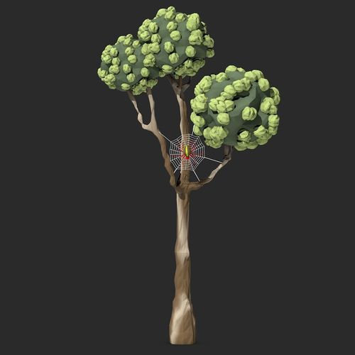 Cartoon Tree with Spider Web Low-poly 3D model