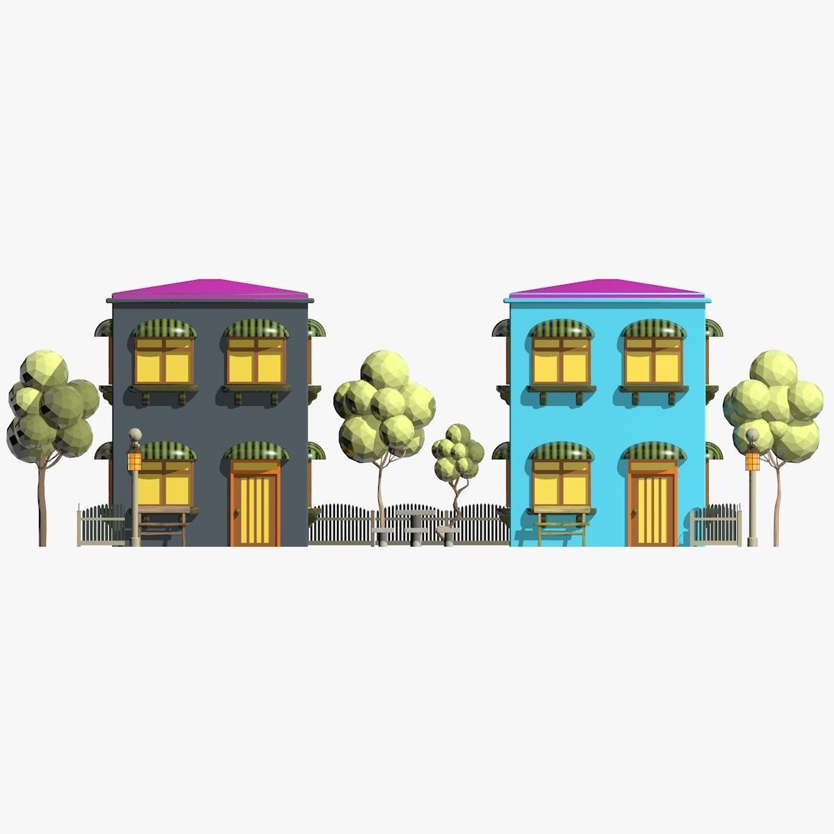Cartoon Scene with TwoColorful  Houses Low-poly 3D model_4