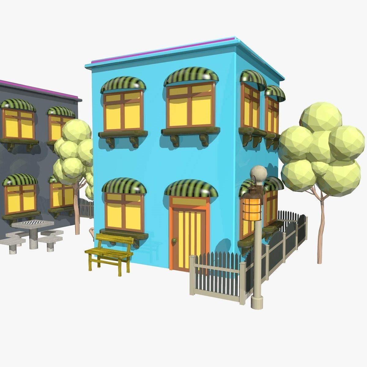 Cartoon Scene with TwoColorful  Houses Low-poly 3D model_3