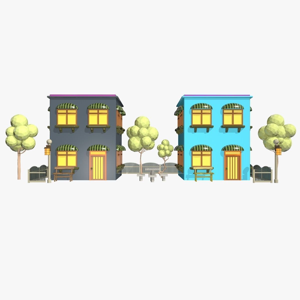 Cartoon Scene with TwoColorful  Houses Low-poly 3D model_5