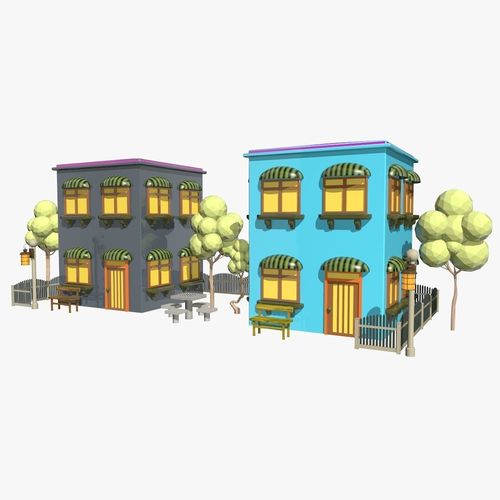 Cartoon Scene with TwoColorful  Houses Low-poly 3D model