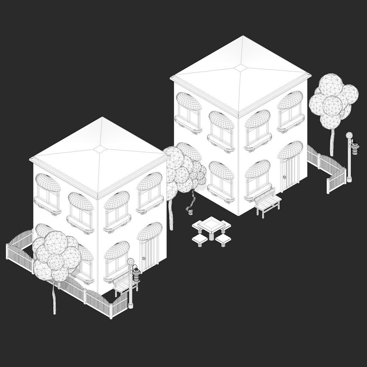 Cartoon Scene with TwoColorful  Houses Low-poly 3D model_12