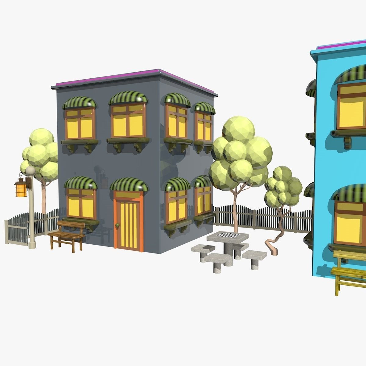 Cartoon Scene with TwoColorful  Houses Low-poly 3D model_2