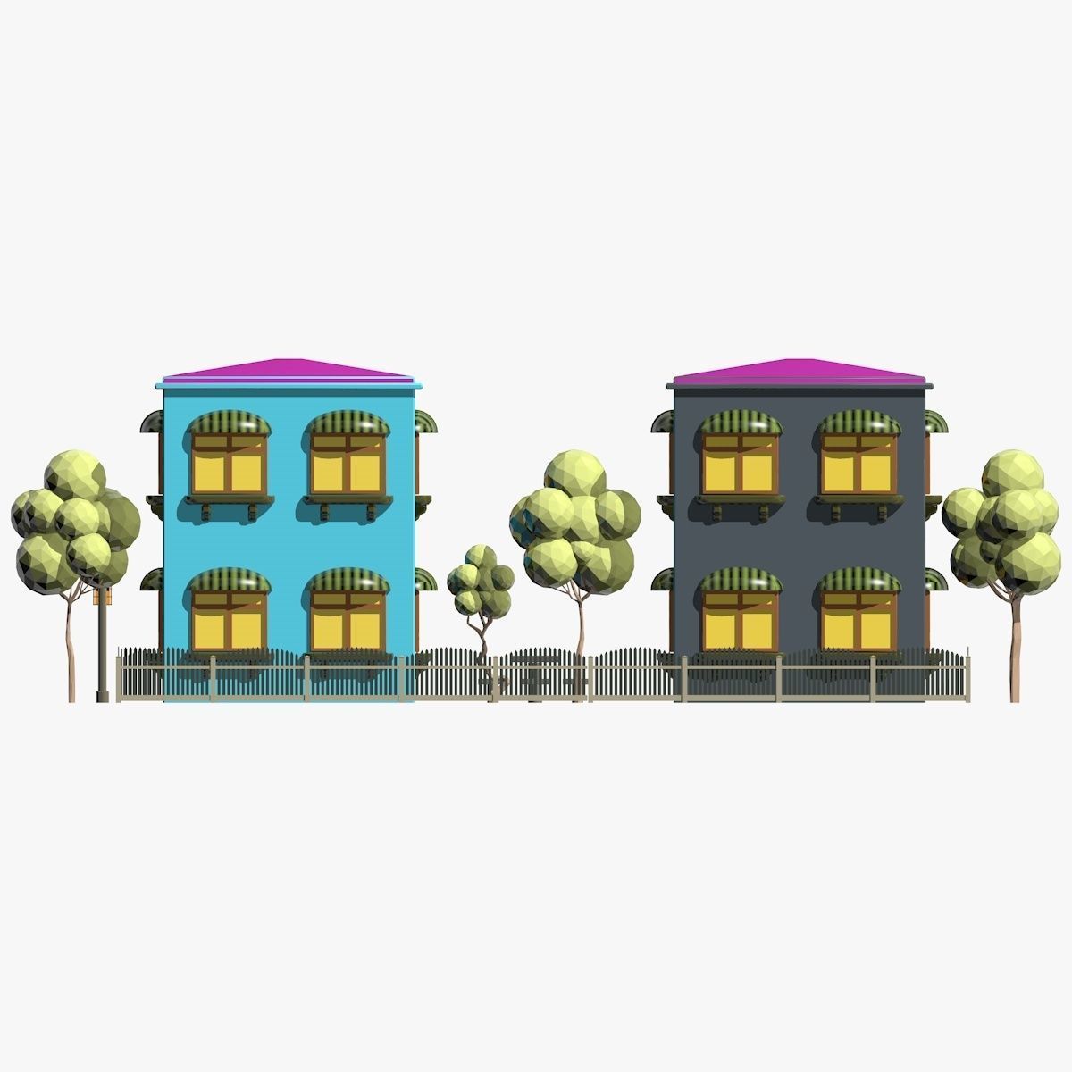 Cartoon Scene with TwoColorful  Houses Low-poly 3D model_6