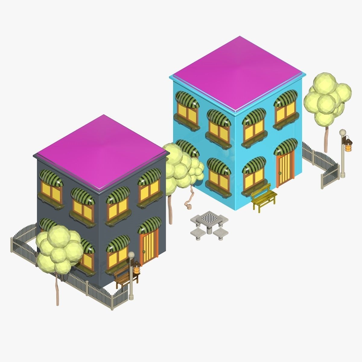 Cartoon Scene with TwoColorful  Houses Low-poly 3D model_7