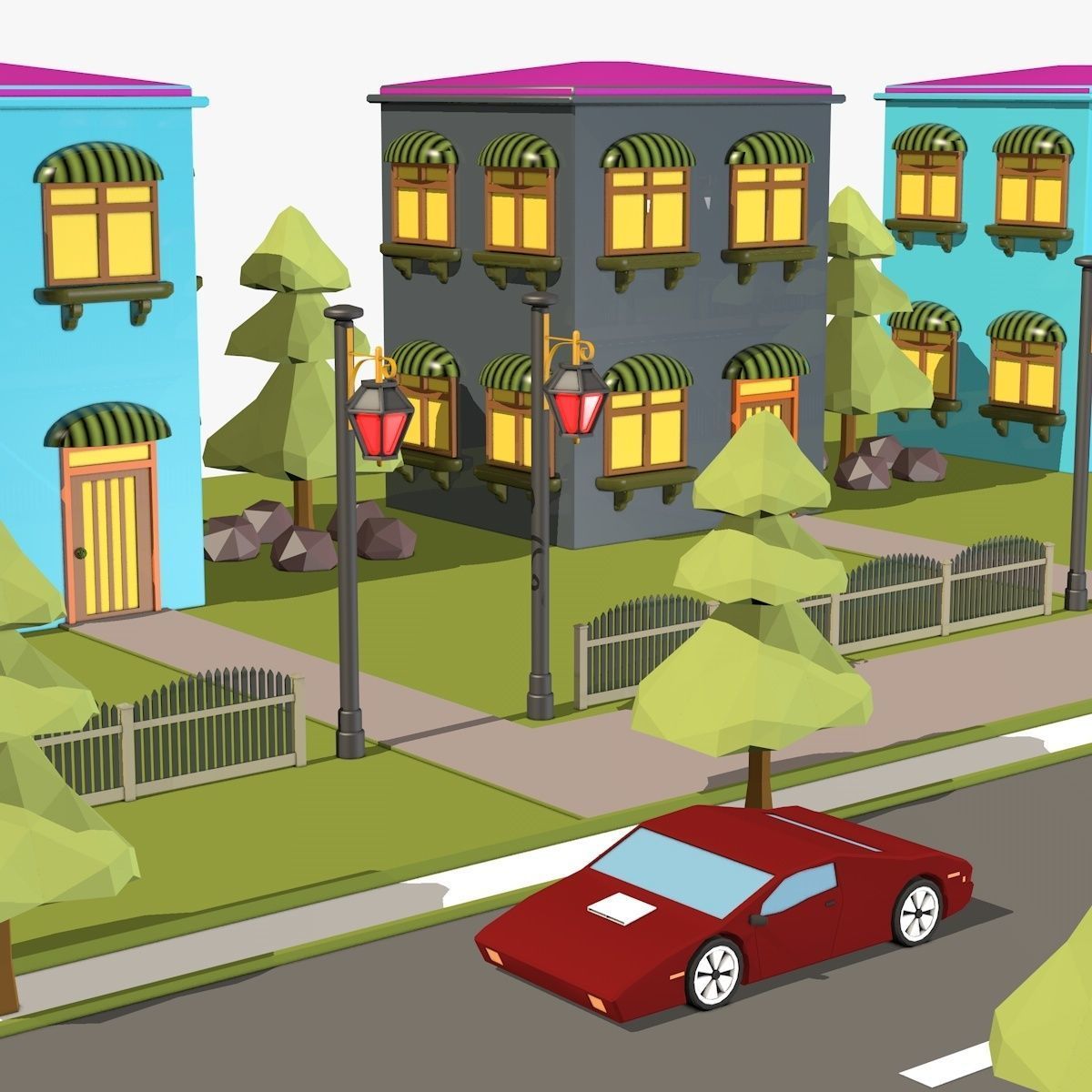 Cartoon City Low Poly Landscape Low-poly 3D model_2