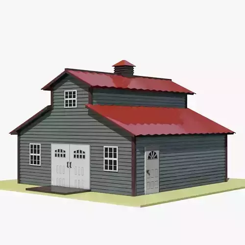 Grey Cartoon Barn with Red Roof Low-poly 3D model