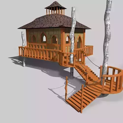 Wooden Cottage with Stairs 3D model