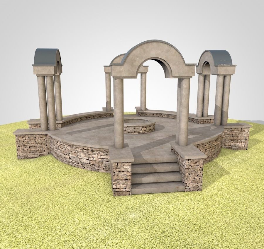 Pavilion circular stone structure on grassy field Low-poly 3D model_5