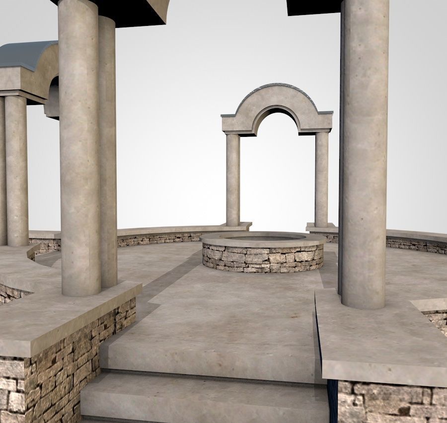 Pavilion circular stone structure on grassy field Low-poly 3D model_3