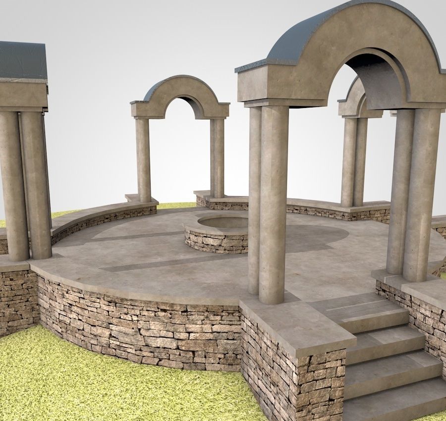 Pavilion circular stone structure on grassy field Low-poly 3D model_6