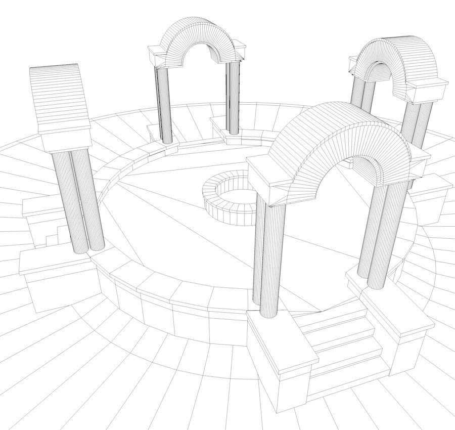 Pavilion circular stone structure on grassy field Low-poly 3D model_11