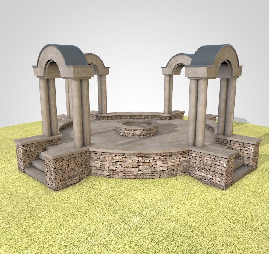 Pavilion circular stone structure on grassy field Low-poly 3D model_1